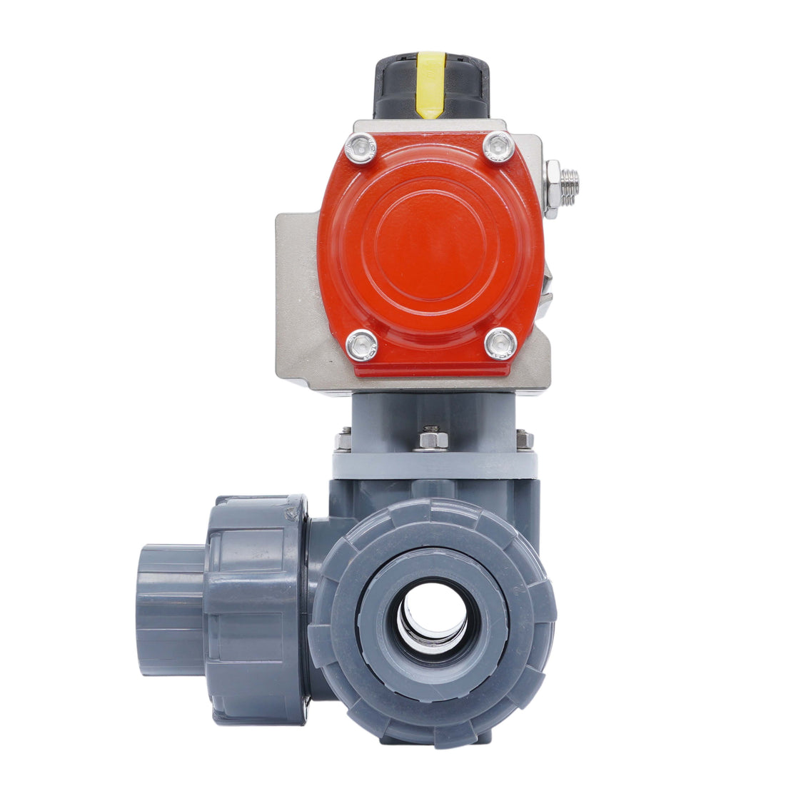 40mm Klebemuffe 3-Wege PVC pneumatischer Kugelhahn L-Bohrung federgeschlossen