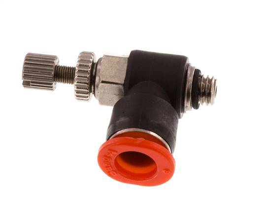 Durchflussregelung Schalldämpfer Meter-In-Winkelstück 6 mm - M5 Messing/PBT