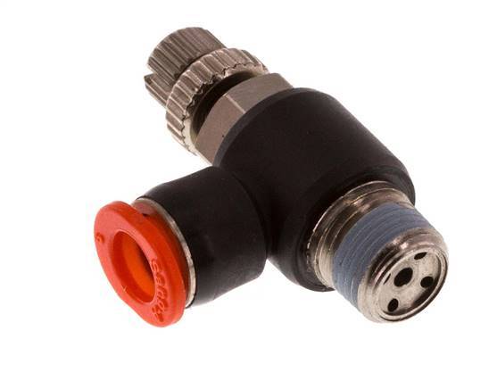 Durchflussregelung Schalldämpfer Meter-In Winkel 6 mm - R1/8'' Messing/PBT