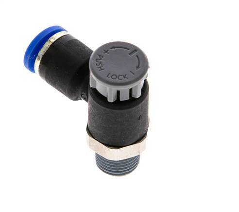Durchflussregelventil Abgangswinkel 6 mm - R1/8'' Messing/PA 66 Sicherungsmutter