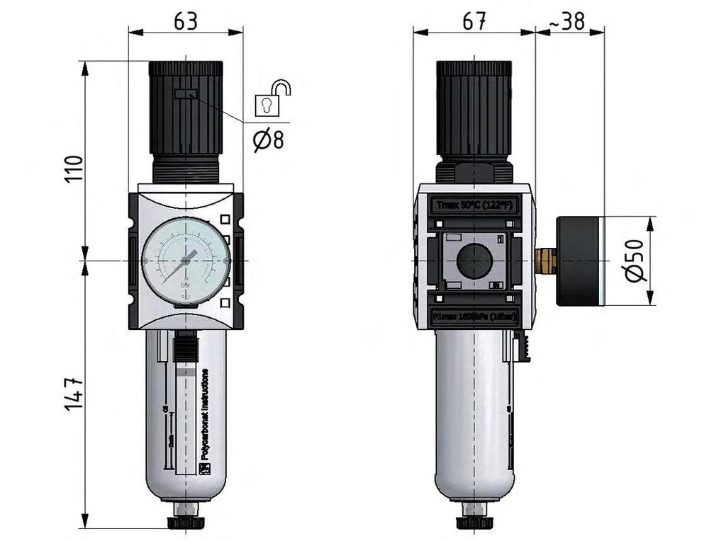 Filter-Regler G3/8'' 4500l/min 0,2-4,0bar/3-58psi Futura 2