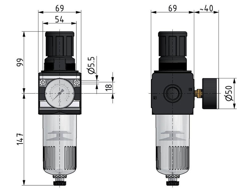 Filterregler G3/4'' 6700l/min 0.1-3.0bar/1-44psi Auto Polycarbonat Multifix 2
